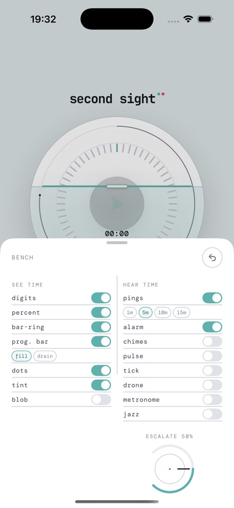 iPhone settings sheet, the bench: two columns of toggles labelled See time and Hear time — digits, percent, bar-ring, progress bar, dots, tint, blob on the left; pings, alarm, chimes, pulse, tick, drone, metronome, jazz on the right — with an escalation dial.