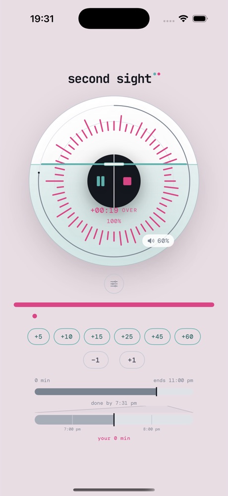 iPhone screen in overtime: the coin's bar-ring has turned solid magenta and the background has drifted pink, digits read plus 00:19 over, 100 percent.