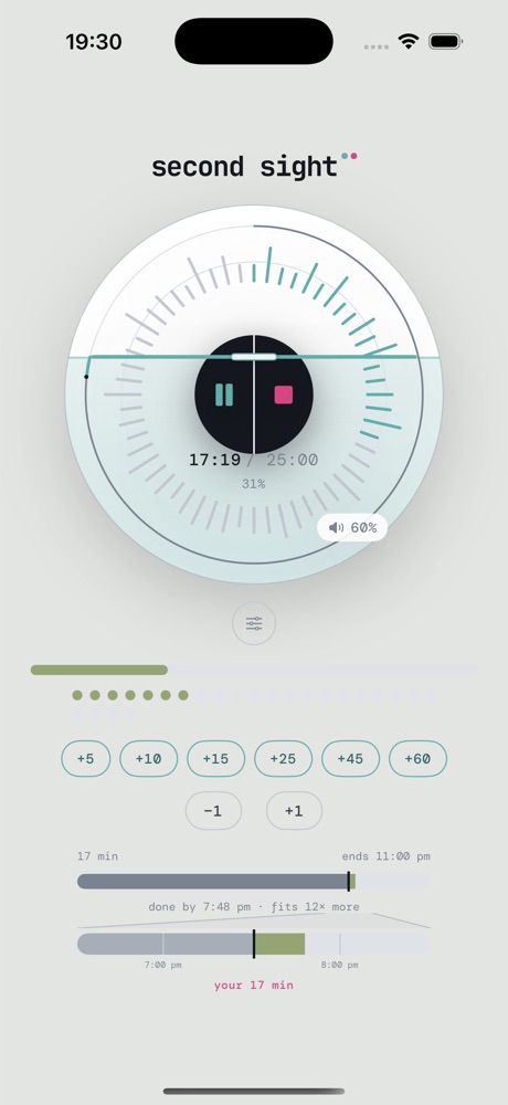 iPhone screen, timer running: a white translucent coin with a teal bar-ring 31% filled, digits reading 17:19 of 25:00, and a whole-day bar at the bottom showing the 17-minute task sitting inside the evening.