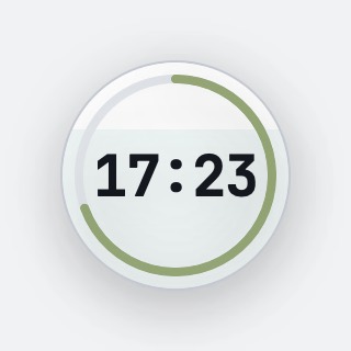 A small round always-on-top window, about the size of a coaster: a pale disc showing 17:23 in heavy black digits, encircled by a ring that is roughly two-thirds olive-green and one-third empty.
