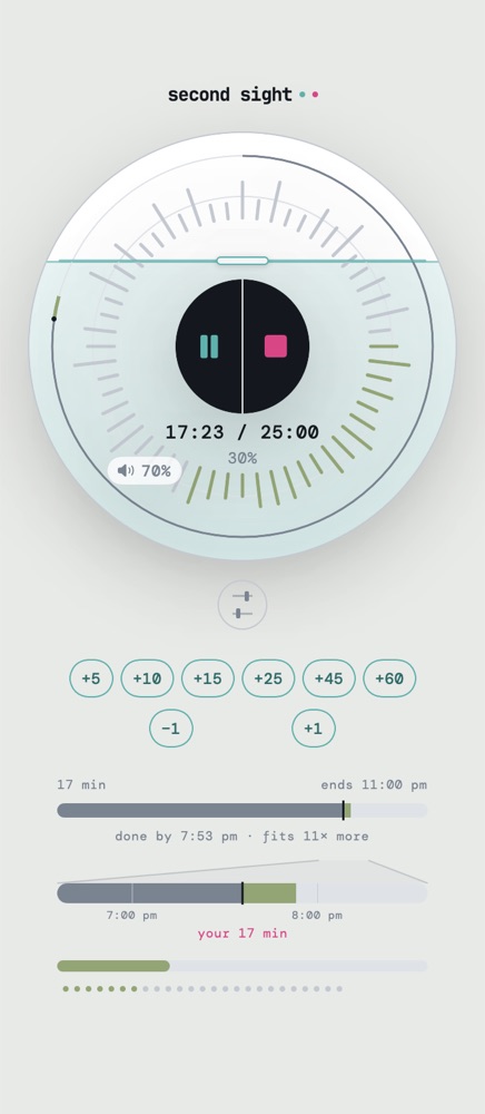 Mac menu-bar popover, timer running: the same coin with a teal bar-ring, 17:23 of 25:00, a progress bar and minute dots below, and the day context showing the task done by 7:53 pm.