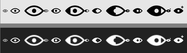 A strip of the menu-bar icon at successive stages of a timer, each stage drawn at two sizes. It begins as a narrow, almost shut eye, opens wider as time passes, the pupil swelling until it fills nearly the whole shape, and ends as a solid filled eye with a small spark at its upper right. The same run is shown twice: once on a light menu bar and once, underneath, on a dark one.
