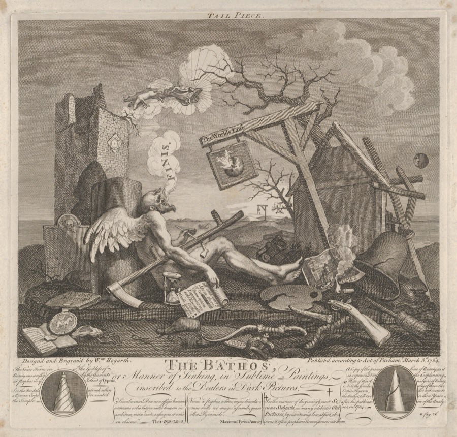 An engraved scene of collapse. A winged old man lies sprawled against a broken wall, his head back, a last breath leaving his mouth as a scroll reading FINIS. His scythe is snapped, an hourglass with its frame broken lies at his hip beside a torn will, and a cracked bell, a shattered palette, a broken tobacco pipe, a spilled crown and a snapped bow lie around him. A tavern sign overhead reads The World's End above a burning globe; behind it a collapsing gallows and a roofless building. Two small circular diagrams of cones sit in the border below, flanking the title The Bathos.