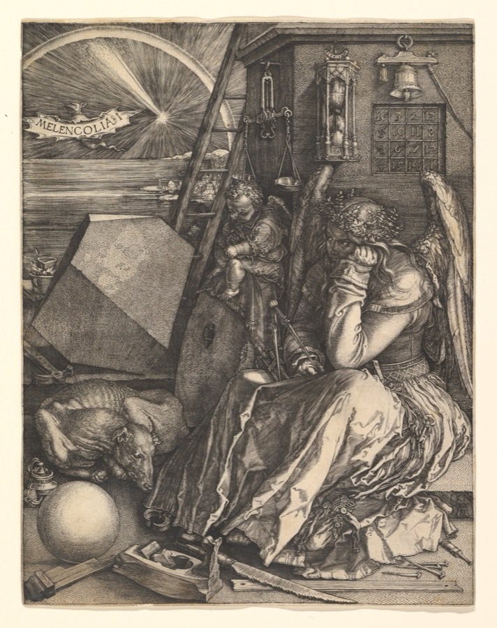 A dense engraving. A winged figure in heavy drapery sits slumped with a closed compass in one hand and her chin propped on the other, staring past the viewer. Around her: a sleeping hound, a stone sphere, a large lopsided polyhedron, a ladder, scattered carpenter's tools, a plane, a saw and a crucible. Fixed to the wall behind, in a row, hang a pair of scales, an hourglass with the sand part run through, a bell with its cord trailing off the plate, and a square grid of numbers.