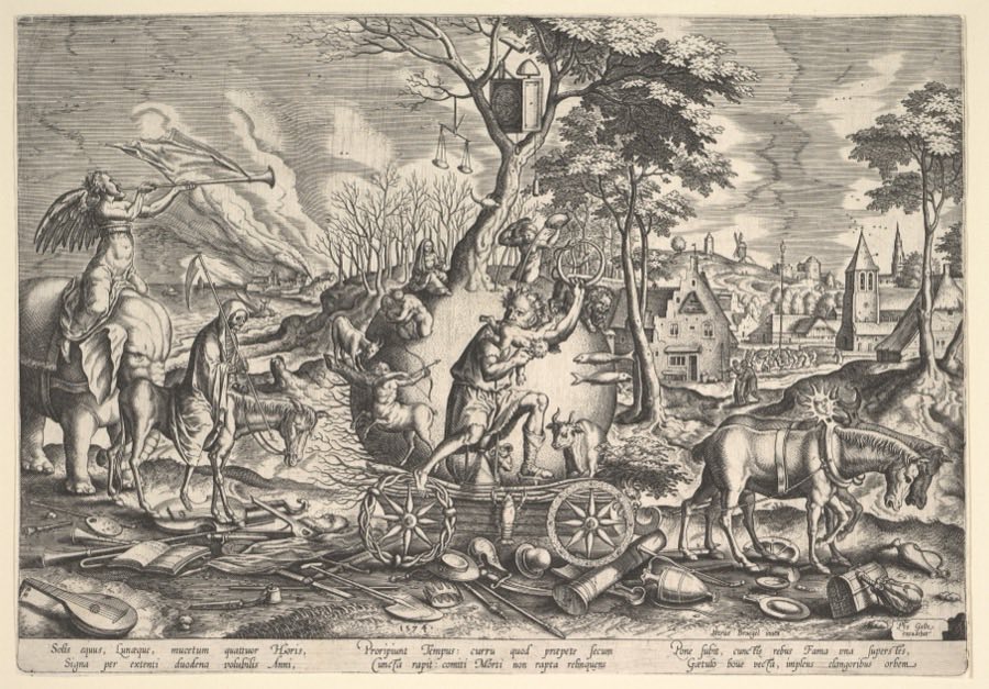 A wide engraved landscape. A winged old man with a scythe rides a low cart drawn by two horses, eating a small child as he goes; the cart's wheels are a sun disc and a moon disc, and a zodiac hoop is held up beside him. Death rides behind on a bony horse; a trumpeting figure rides an elephant at the left. From a bare tree hang a lantern-shaped clock and a pair of scales. The whole foreground is strewn with crushed lutes, crowns, armour, books and vessels, and three lines of Latin verse run beneath.