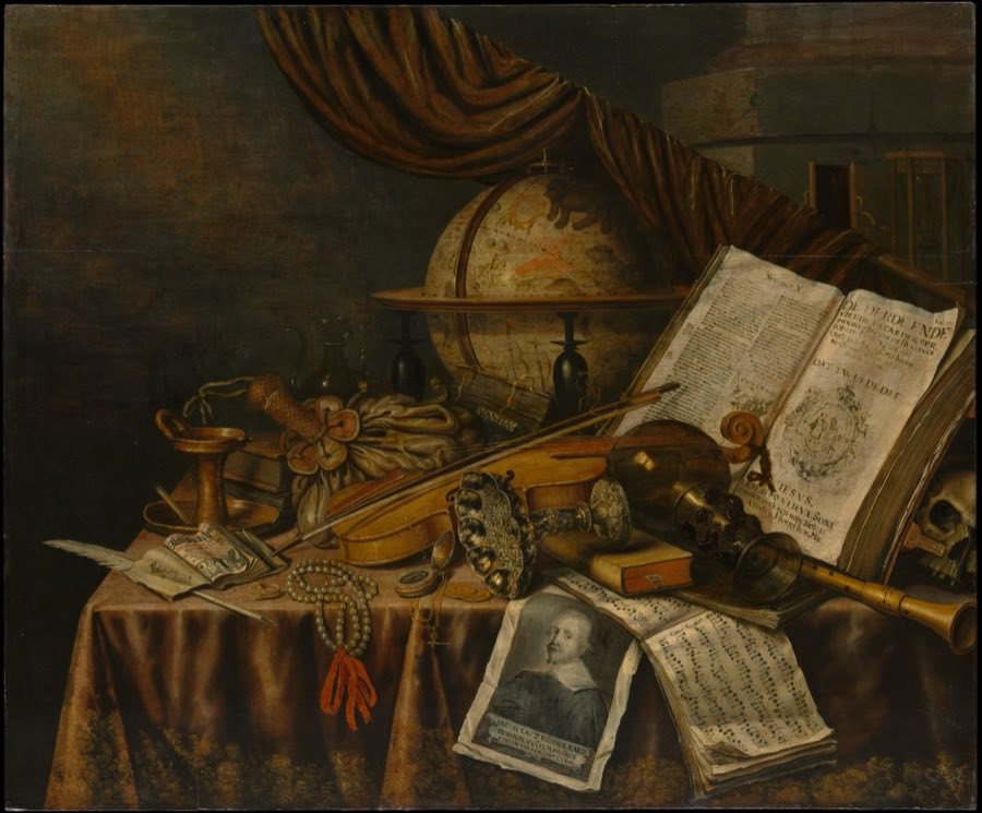 A dark oil painting of a heaped table. A terrestrial globe on a stand, an open folio of printed text, a violin lying on its side with the bow across it, a wooden recorder, sheets of handwritten music, a string of pearls, a chased silver dish, a covered silver cup, a small red-bound book and an engraved portrait of a bearded man spill towards the front edge. A skull sits in shadow at the right. Behind the draped curtain at the upper right, an hourglass stands in a plain wooden frame.